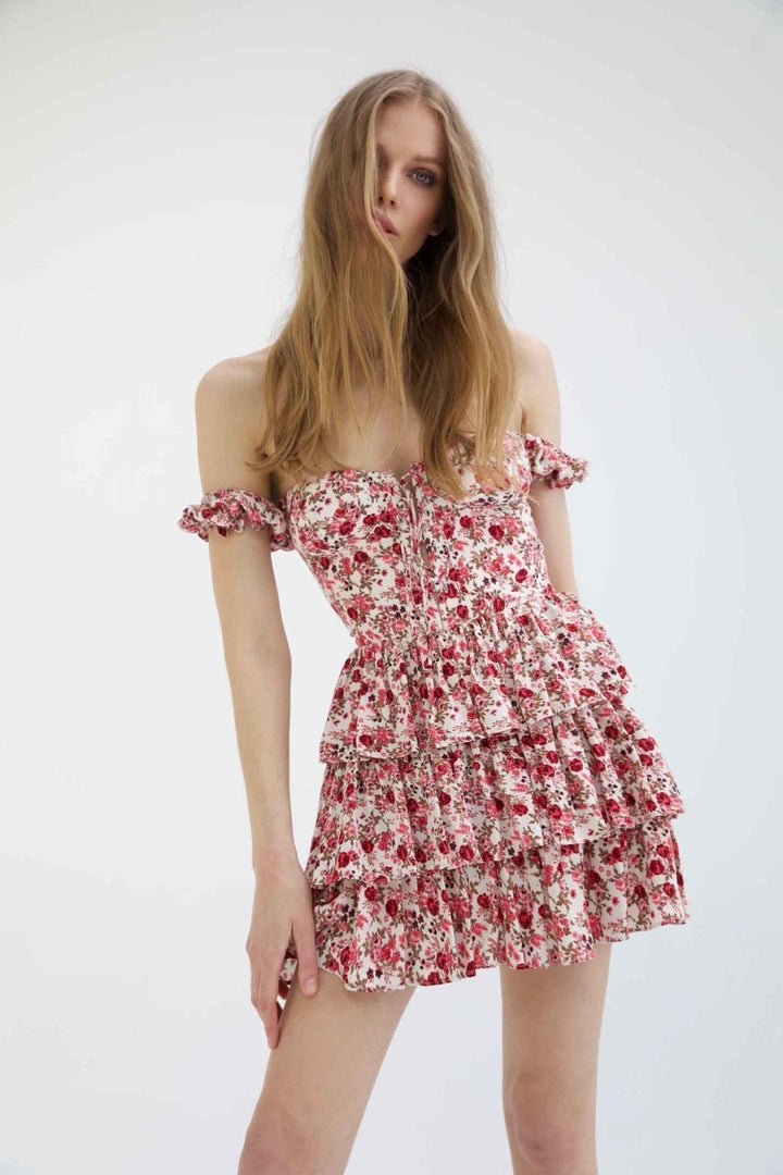 Conie Printed Corset Tiered Mini Dress