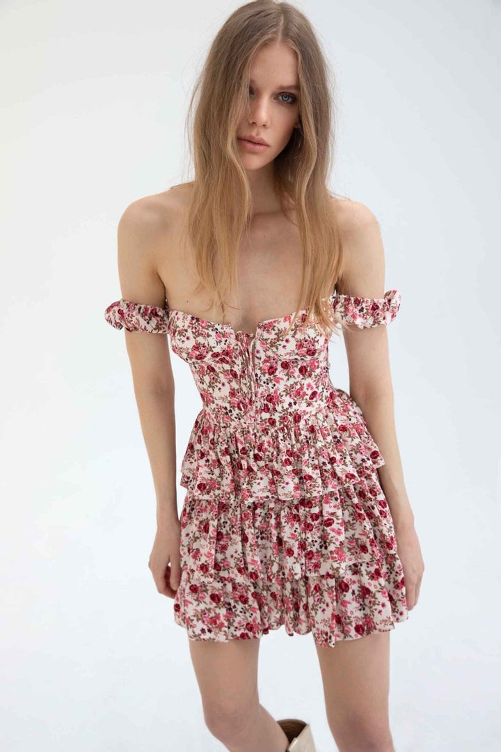 Conie Printed Corset Tiered Mini Dress