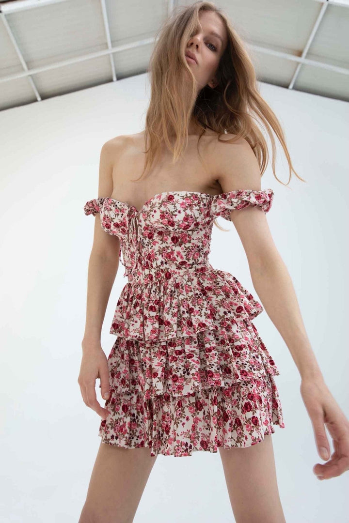 Conie Printed Corset Tiered Mini Dress