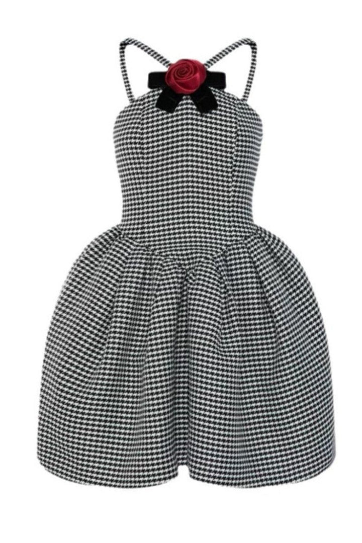 Bernice Houndstooth Rose Bow Trimmed A-line Mini Dress