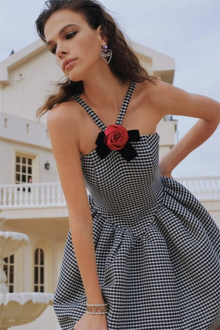 Bernice Houndstooth Rose Bow Trimmed A-line Mini Dress