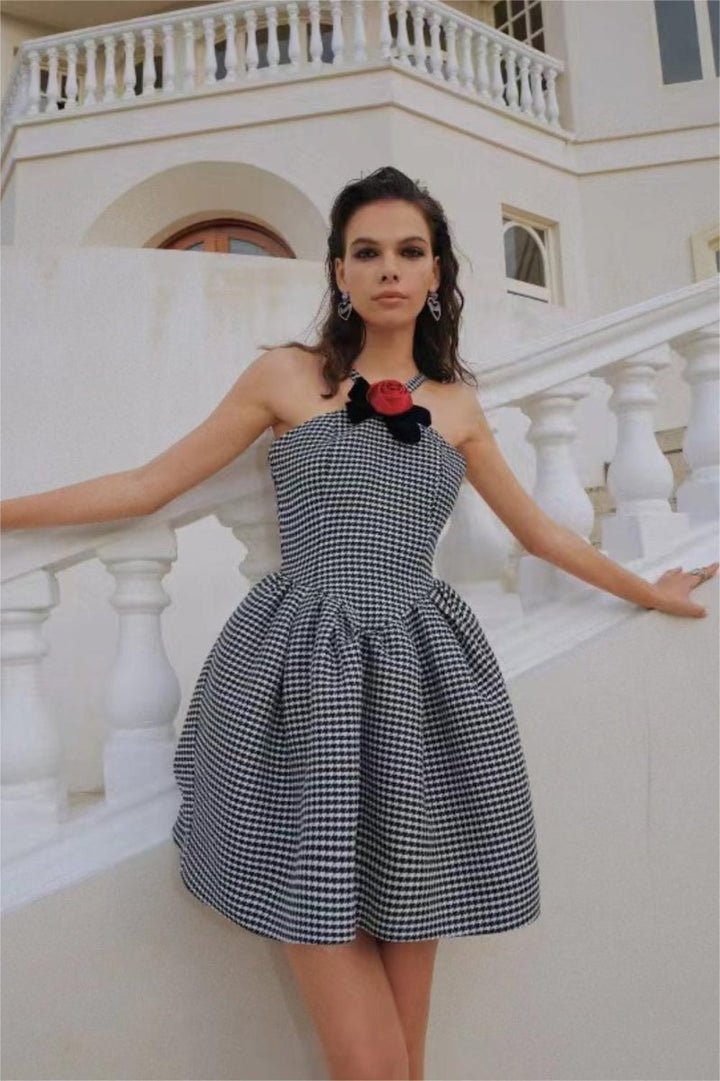 Bernice Houndstooth Rose Bow Trimmed A-line Mini Dress