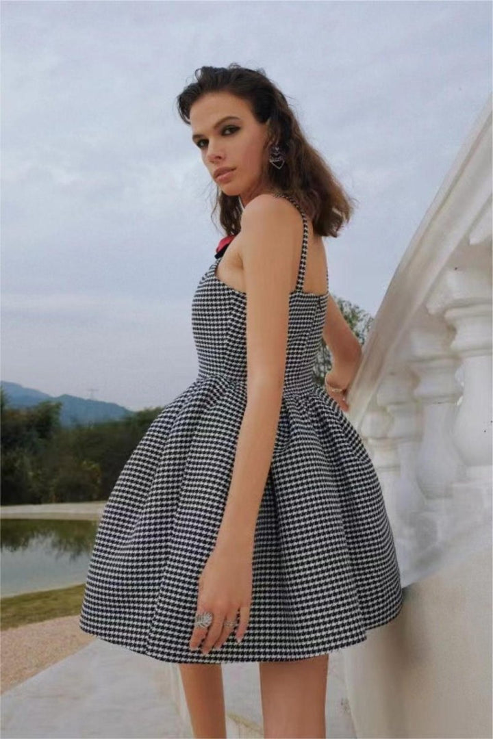 Bernice Houndstooth Rose Bow Trimmed A-line Mini Dress