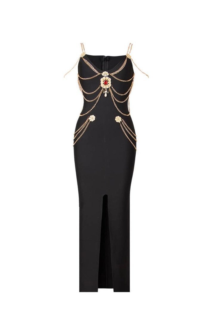 Vandelia Metal Embellishment V-neck Midi Dress