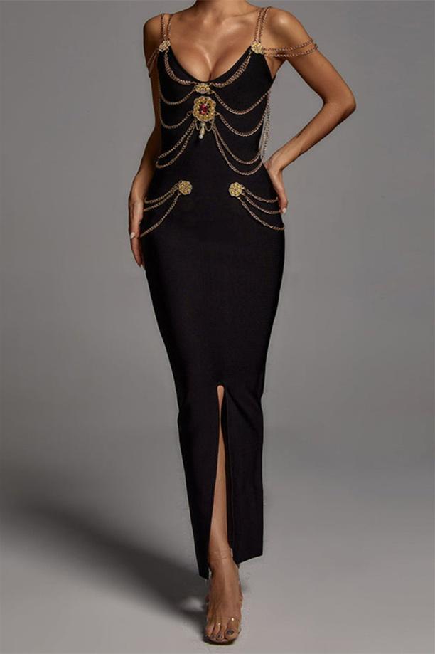 Vandelia Metal Embellishment V-neck Midi Dress