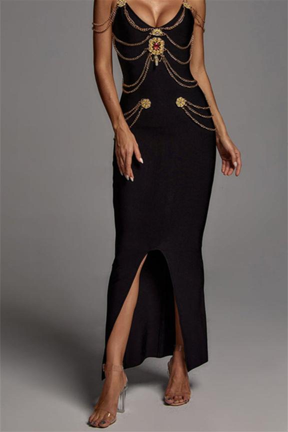 Vandelia Metal Embellishment V-neck Midi Dress