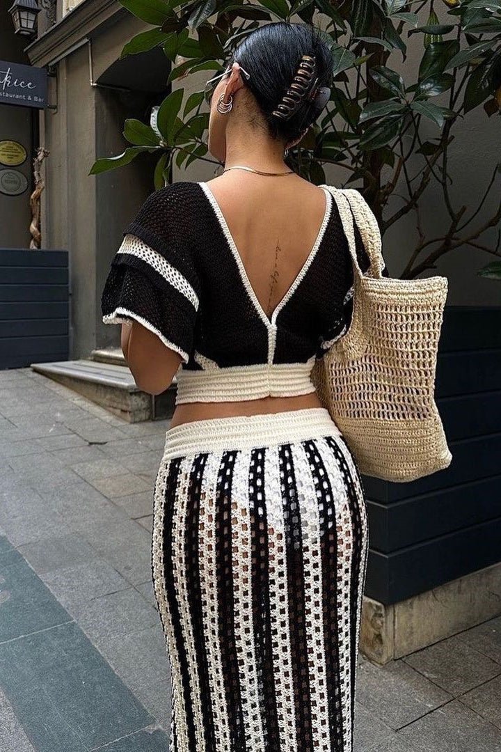 Gale Hollow Out Stripe Knit Set