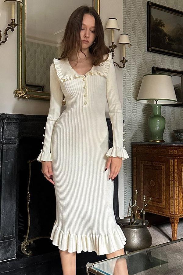 Finch Ruffle Pearl Midi Knit Dress