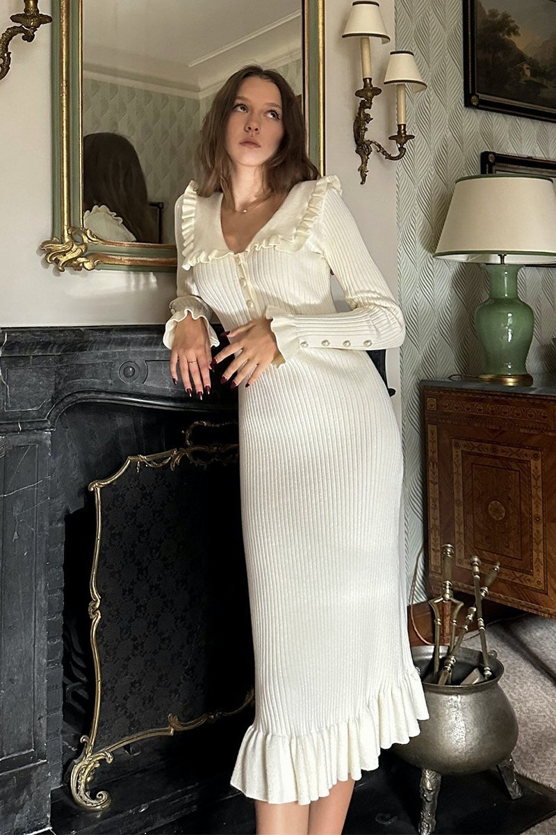 Finch Ruffle Pearl Midi Knit Dress