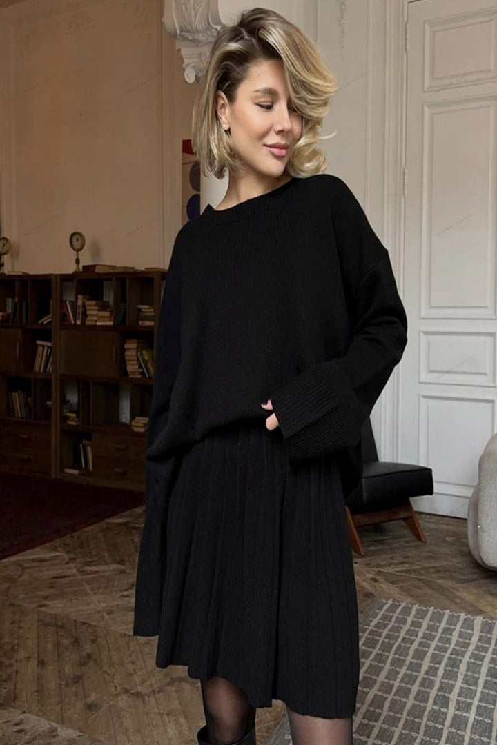 Deka Solid Color Pullover Round Neck Sweater & Pleated Skirt Set