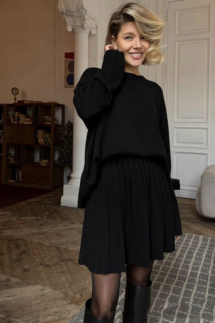 Deka Solid Color Pullover Round Neck Sweater & Pleated Skirt Set