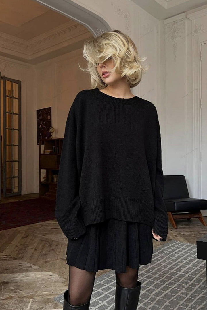 Deka Solid Color Pullover Round Neck Sweater & Pleated Skirt Set