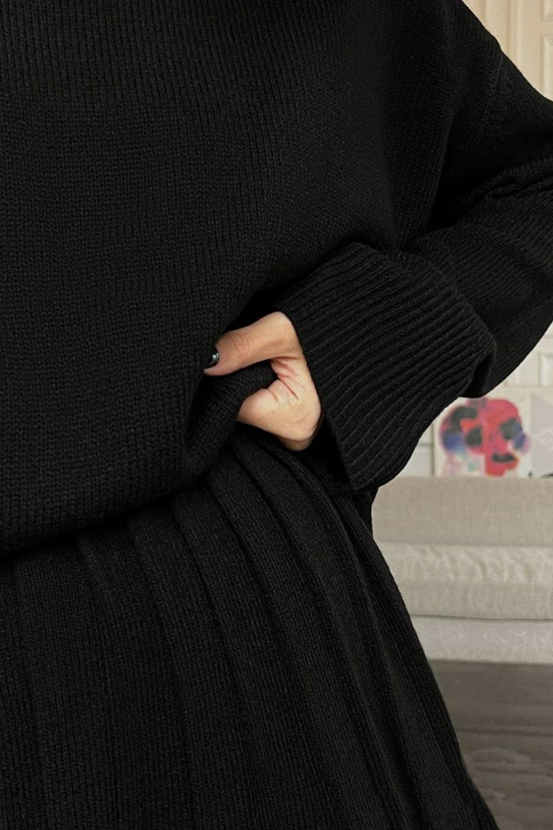 Deka Solid Color Pullover Round Neck Sweater & Pleated Skirt Set