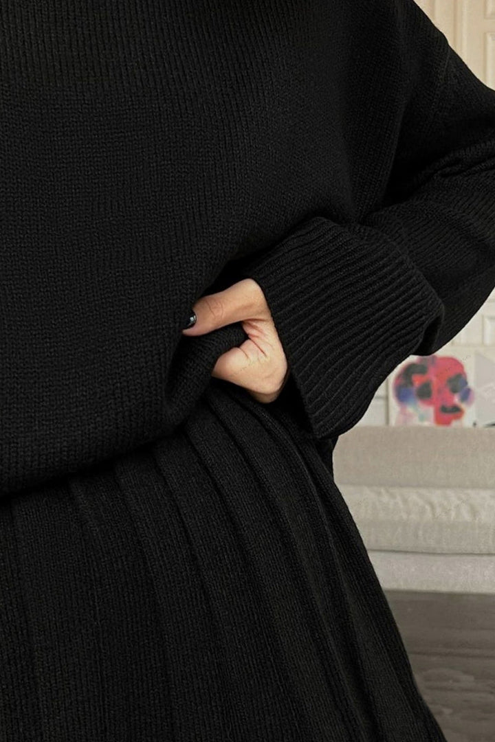 Deka Solid Color Pullover Round Neck Sweater & Pleated Skirt Set